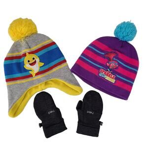 Lot 2 toddler hats Pink Fong Baby Shark Troll stocking caps mittens